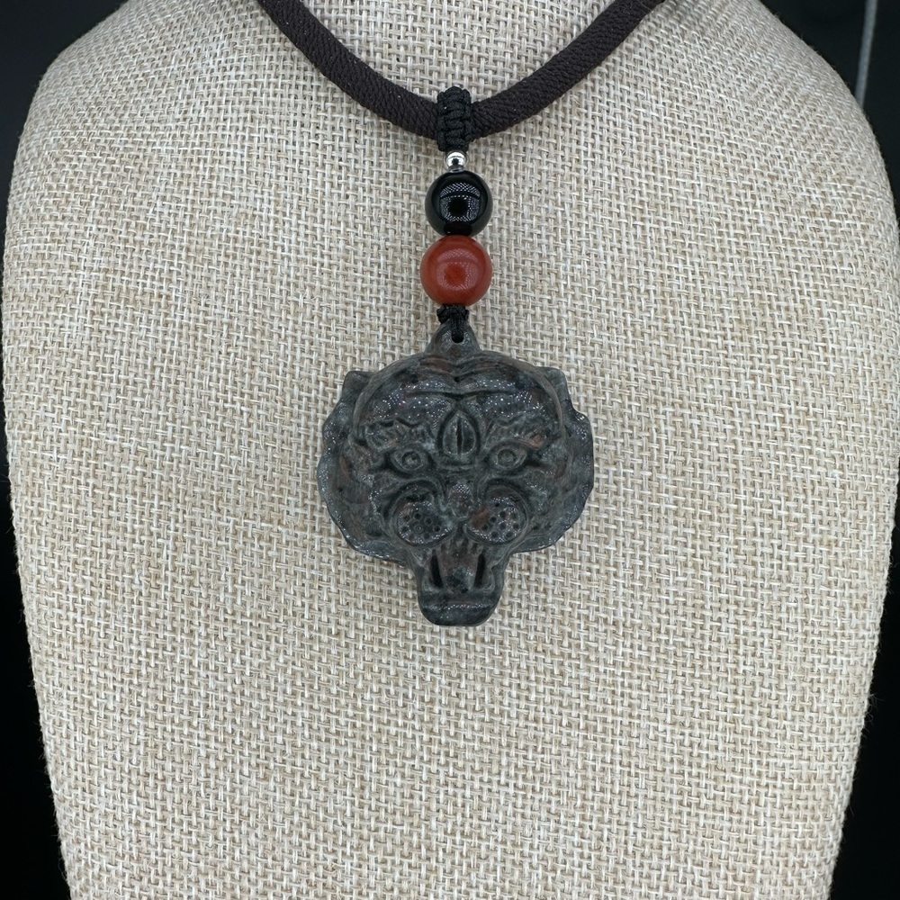 Yooperlite Tiger Pendant Necklace; Red Jasper and Onyx on Brown and Black Rope - Picture 10 of 10